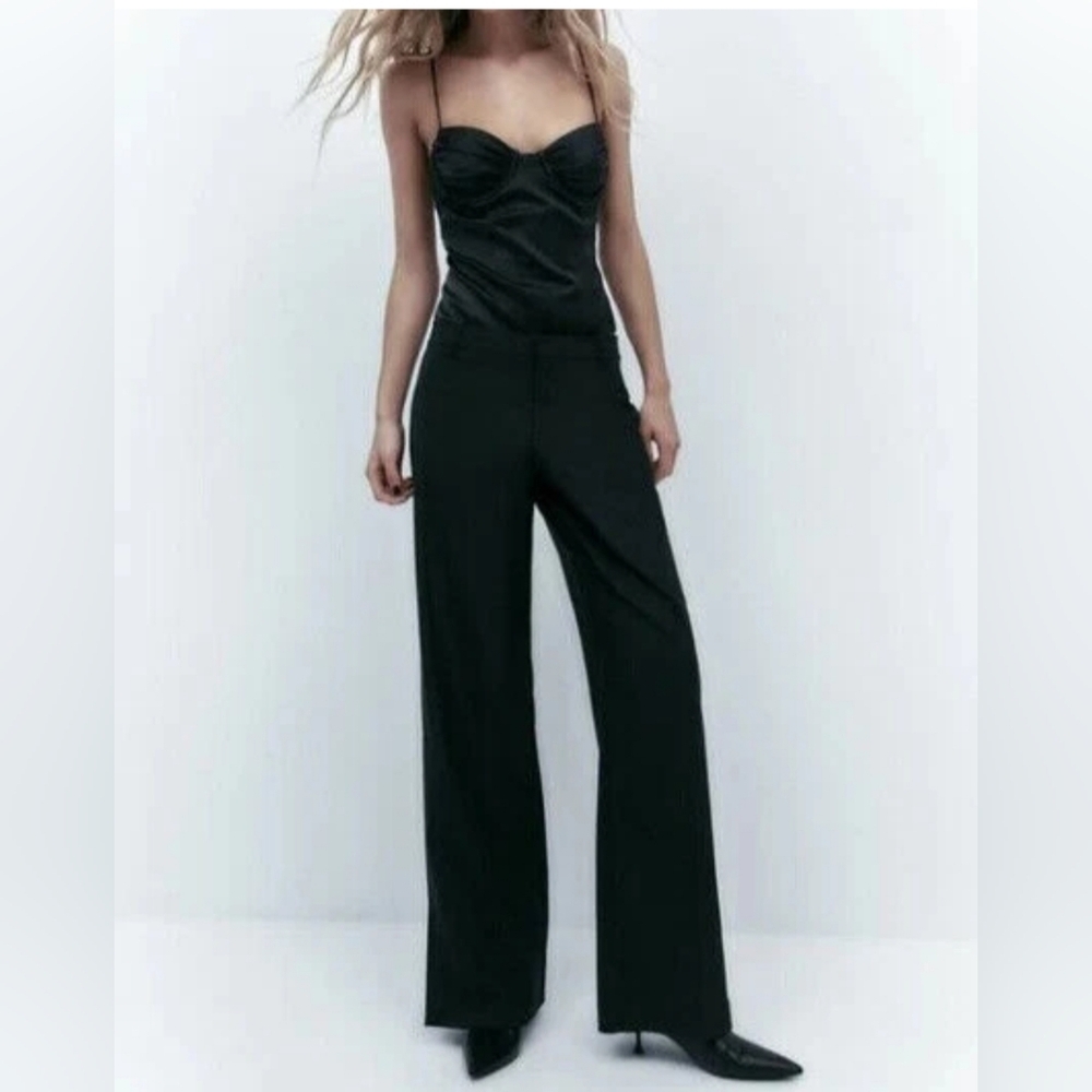 NWT ZARA WOMEN'S FULL LENGTH FLAP PANTS BLACK SIZE L 3067/510 WIDE LEG BUSINESS